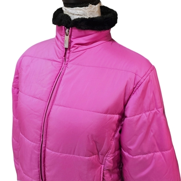 Spyder Pink Full Zip Front Puffer Jacket Black Faux Fur Trim Size 4 Outdoor Snow - Picture 7 of 12